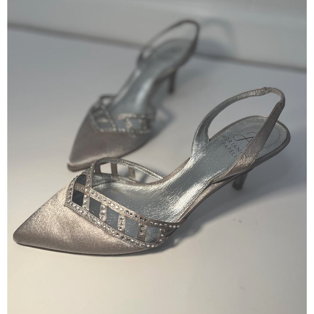 ADRIANNA PAPELL Silver Sling Back Pumps Haven Rhinestone Wedding Formal Size 7.5